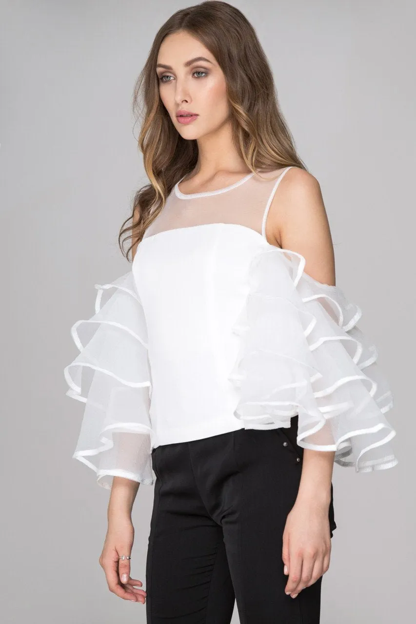 White Sheer Yoke Tiered Ruffle Sleeve Top