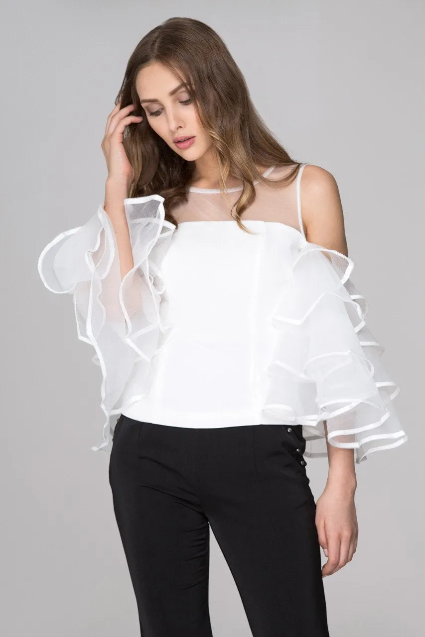 White Sheer Yoke Tiered Ruffle Sleeve Top