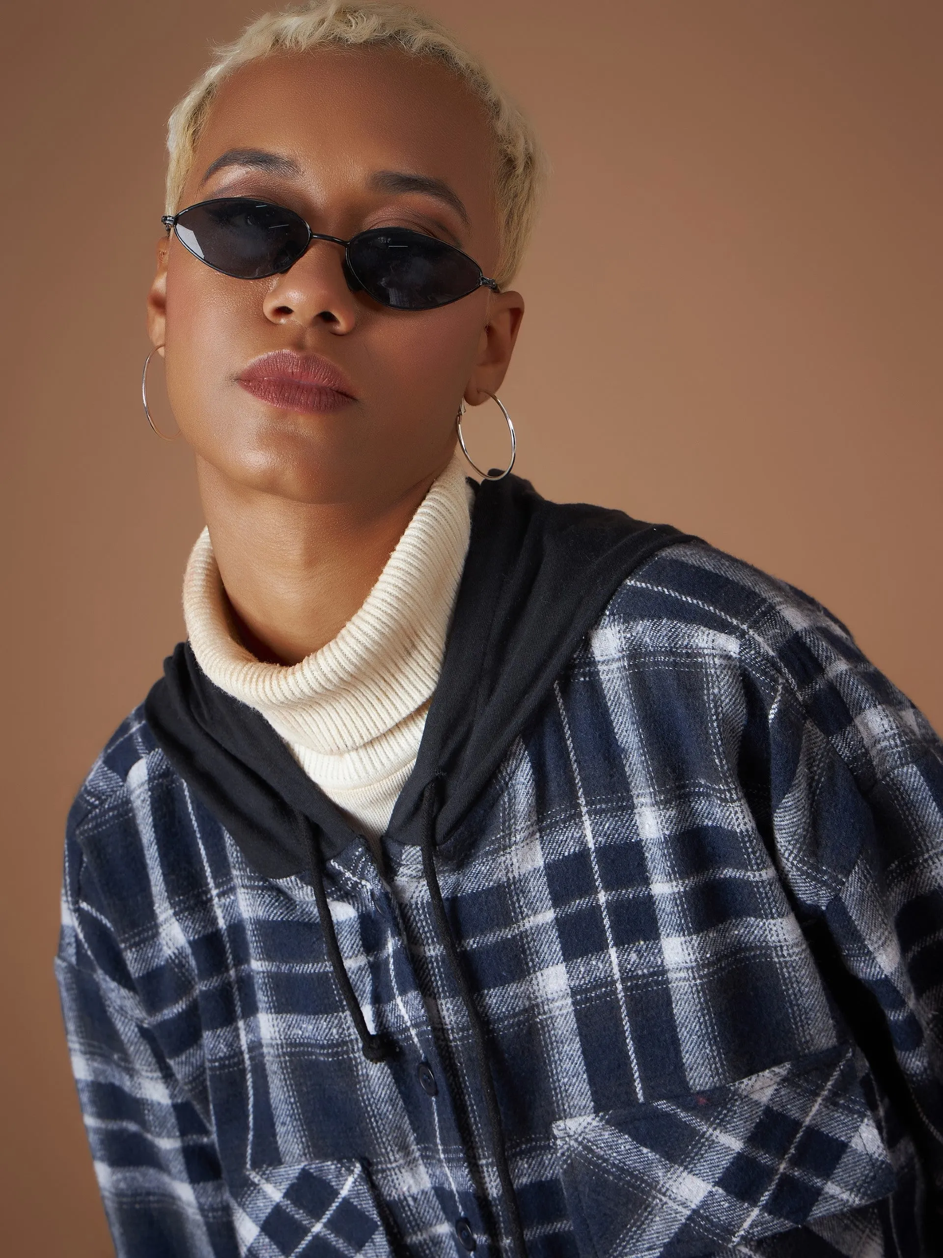 Women Navy Yarn dyed Check Hooded Oversized Shirt