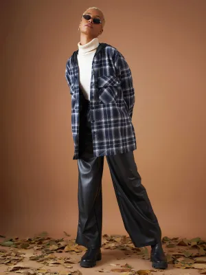 Women Navy Yarn dyed Check Hooded Oversized Shirt