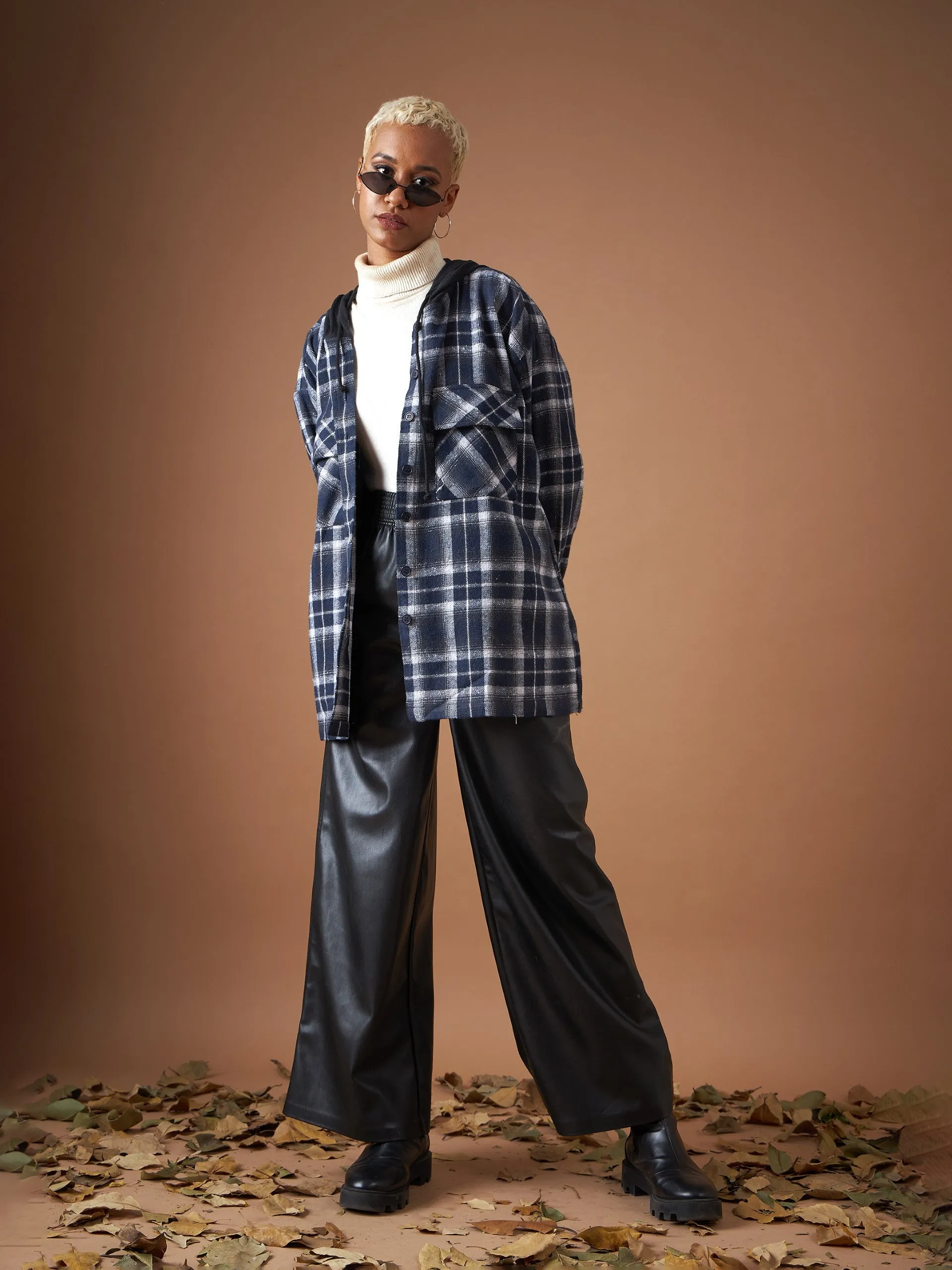 Women Navy Yarn dyed Check Hooded Oversized Shirt