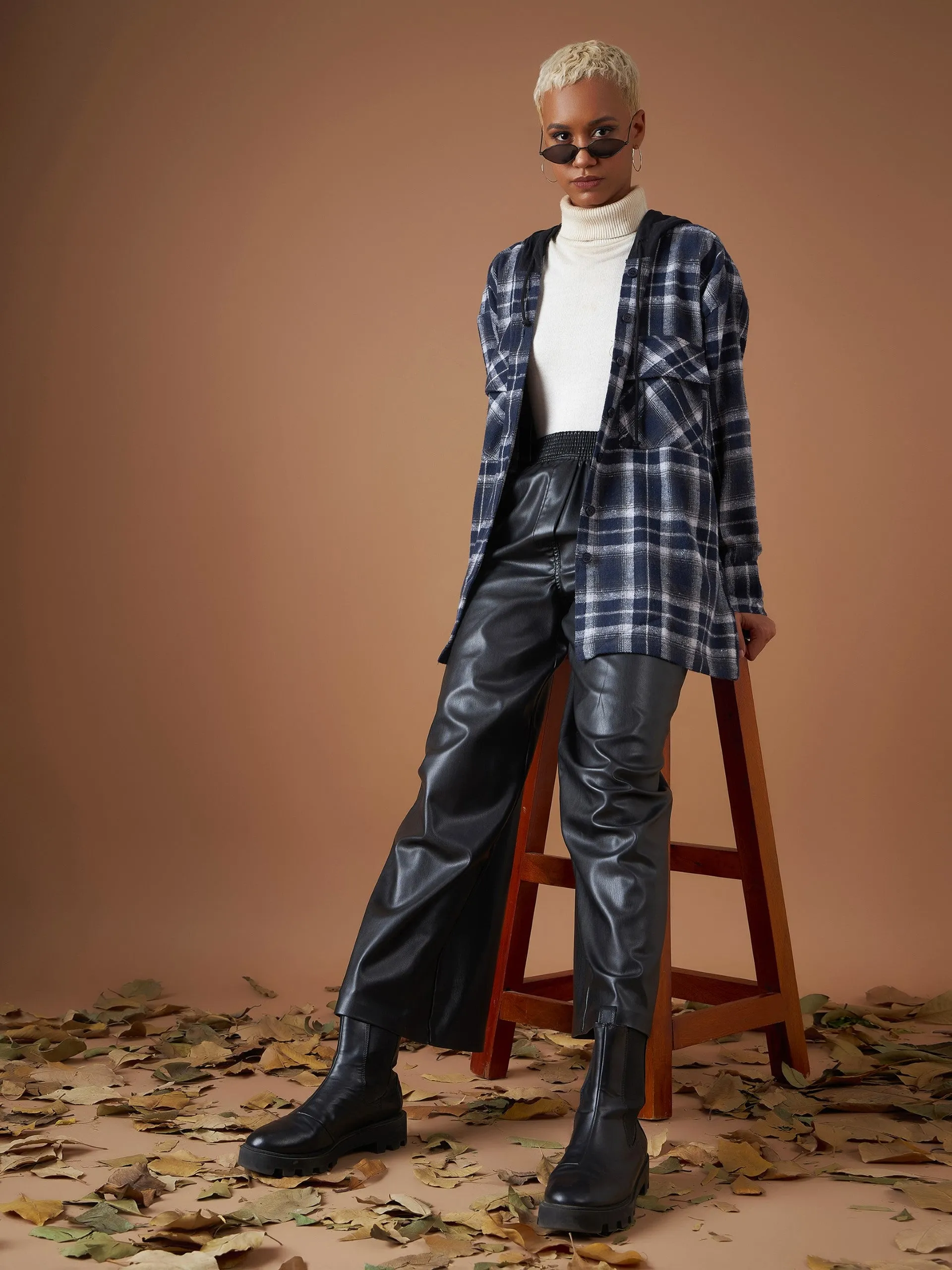 Women Navy Yarn dyed Check Hooded Oversized Shirt