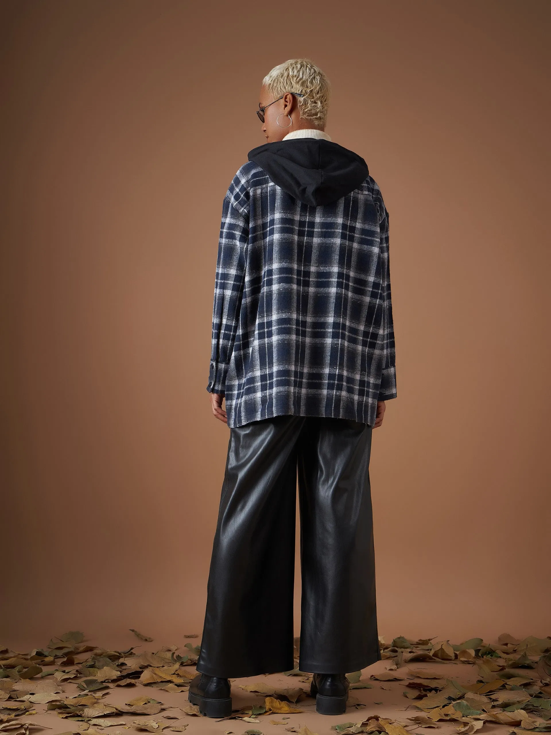 Women Navy Yarn dyed Check Hooded Oversized Shirt