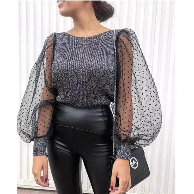 Women Turtleneck Knitted Polka Dot Puff Mesh Long Sleeve Blouse