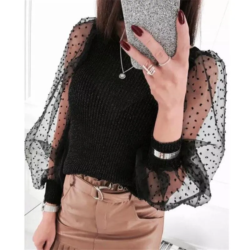 Women Turtleneck Knitted Polka Dot Puff Mesh Long Sleeve Blouse