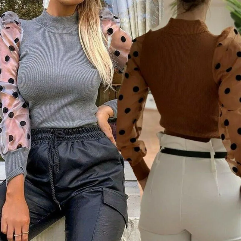 Women Turtleneck Knitted Polka Dot Puff Mesh Long Sleeve Blouse