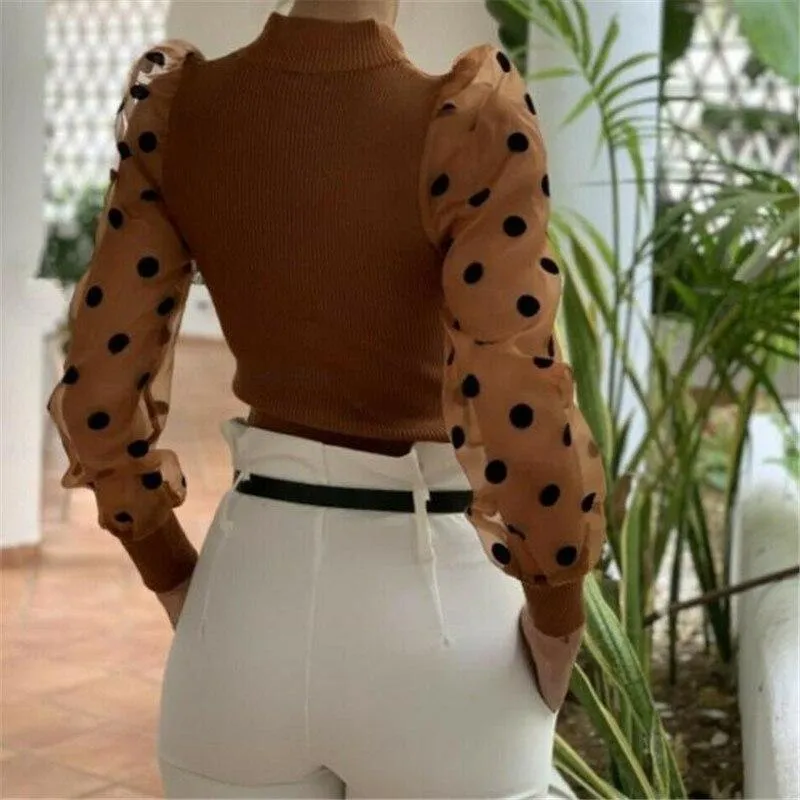 Women Turtleneck Knitted Polka Dot Puff Mesh Long Sleeve Blouse