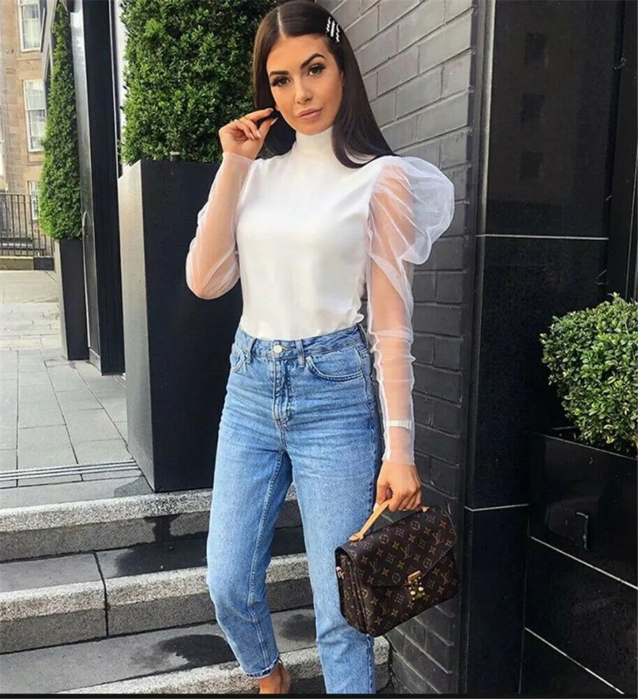 Women Turtleneck Knitted Polka Dot Puff Mesh Long Sleeve Blouse