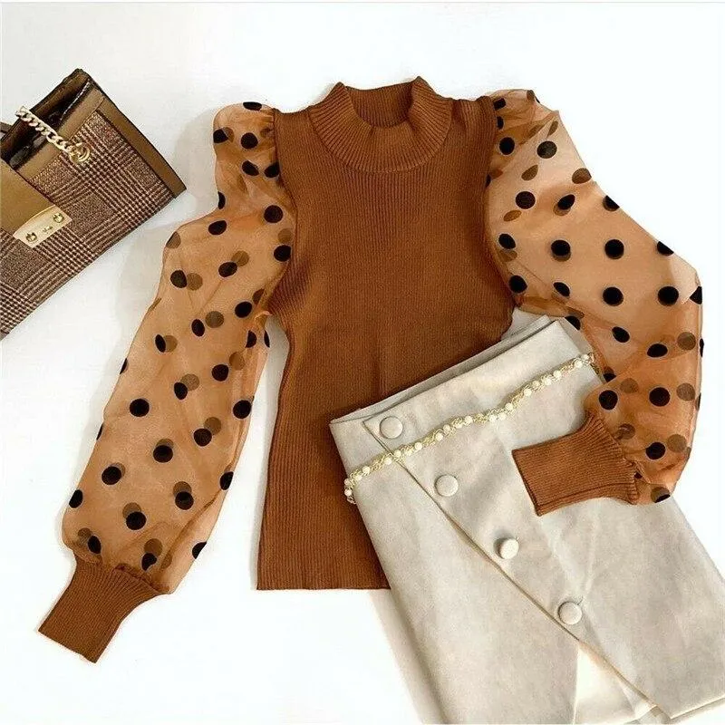 Women Turtleneck Knitted Polka Dot Puff Mesh Long Sleeve Blouse