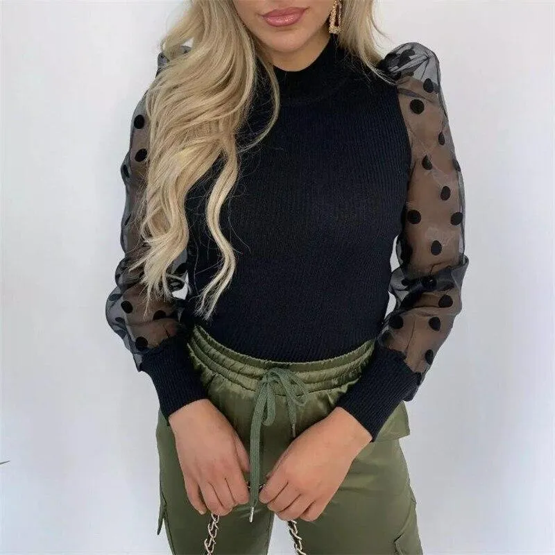 Women Turtleneck Knitted Polka Dot Puff Mesh Long Sleeve Blouse