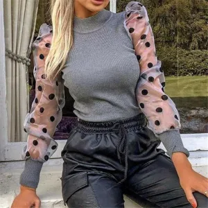 Women Turtleneck Knitted Polka Dot Puff Mesh Long Sleeve Blouse