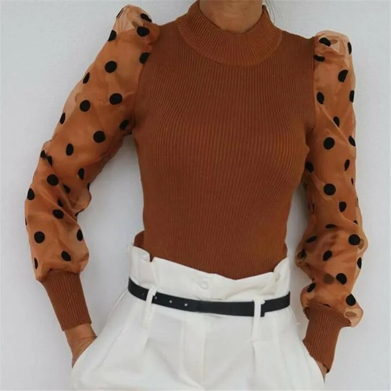 Women Turtleneck Knitted Polka Dot Puff Mesh Long Sleeve Blouse