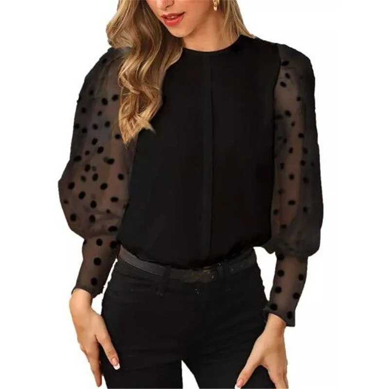 Women Turtleneck Knitted Polka Dot Puff Mesh Long Sleeve Blouse