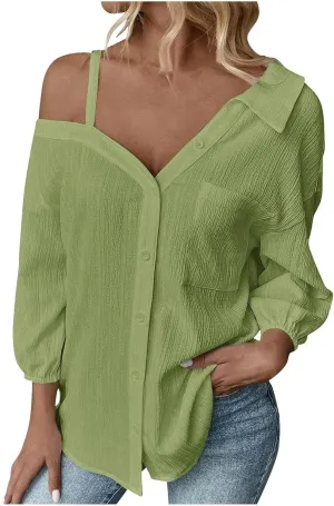 Women's Button Down Shirts One Shoulder Short Sleeve Casual Oversized Shirt Loose Fit Collared Y2K Going Out Blouse
