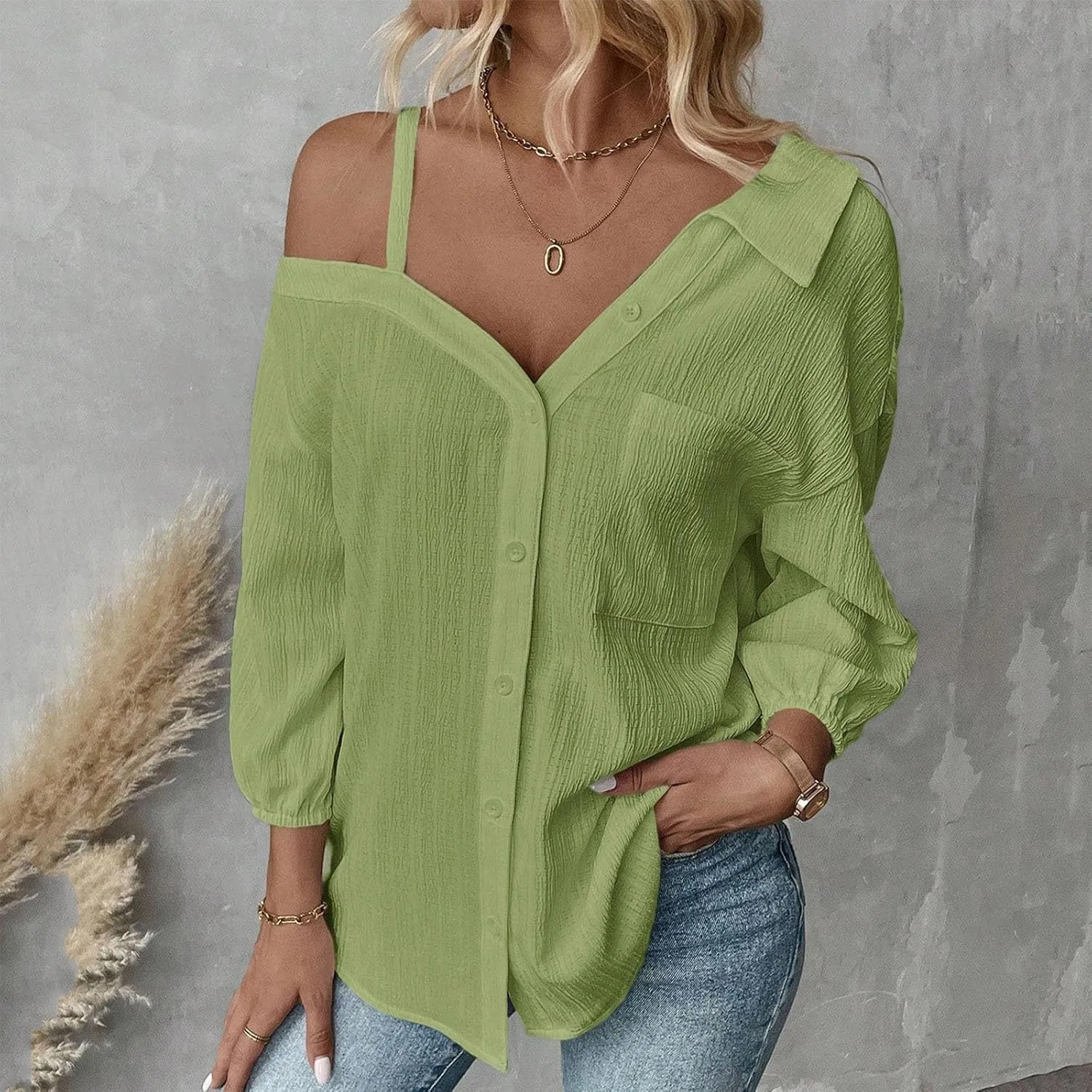 Women's Button Down Shirts One Shoulder Short Sleeve Casual Oversized Shirt Loose Fit Collared Y2K Going Out Blouse
