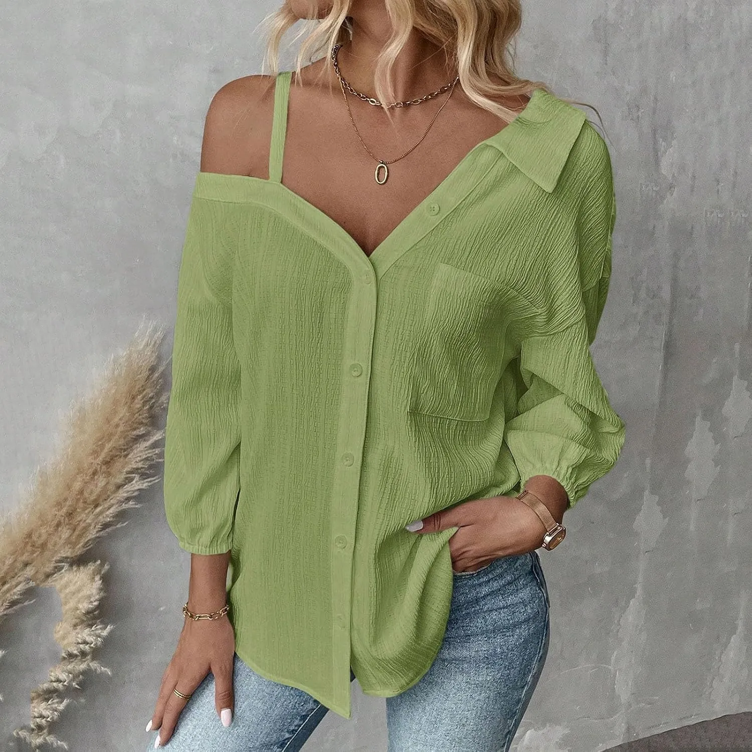 Women's Button Down Shirts One Shoulder Short Sleeve Casual Oversized Shirt Loose Fit Collared Y2K Going Out Blouse
