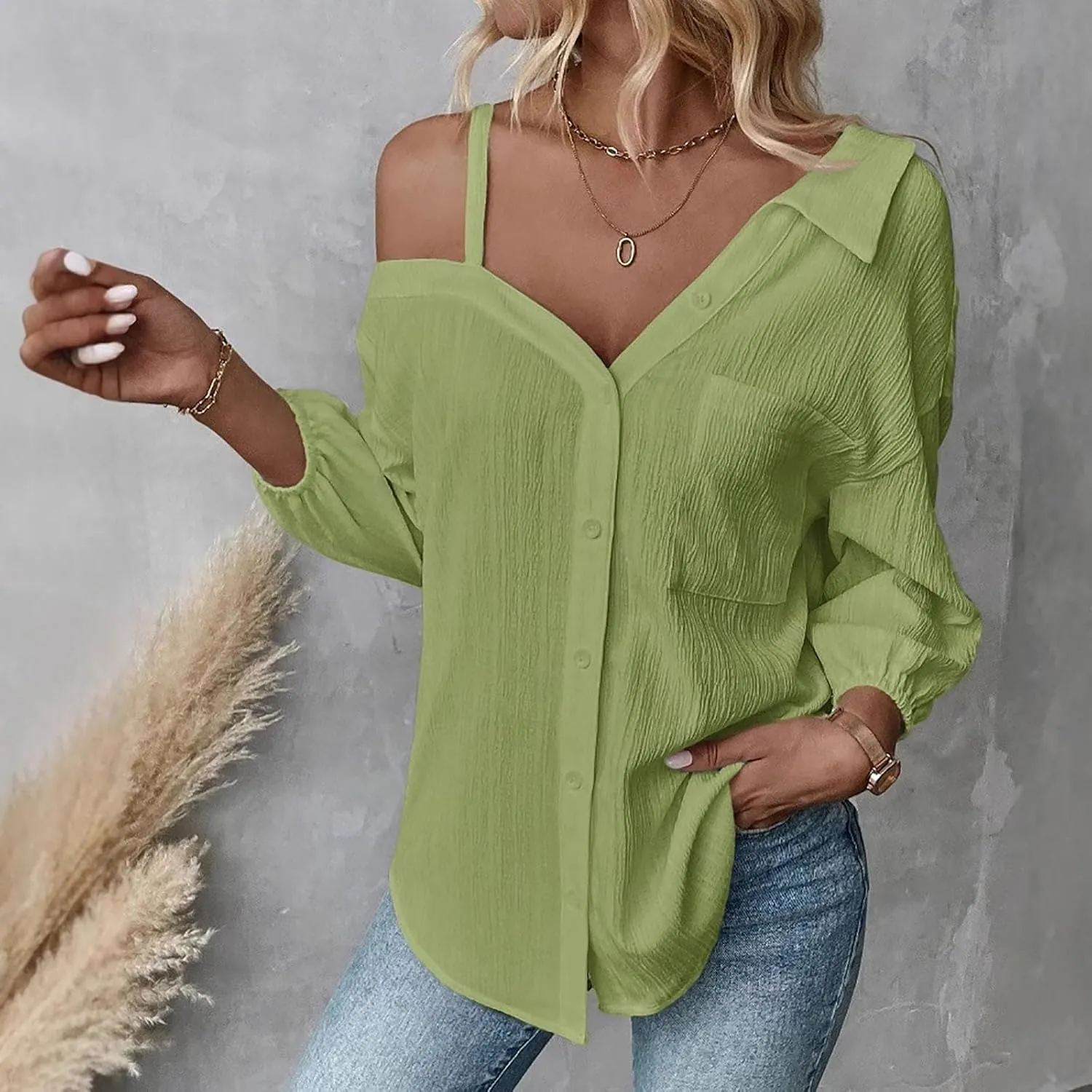Women's Button Down Shirts One Shoulder Short Sleeve Casual Oversized Shirt Loose Fit Collared Y2K Going Out Blouse