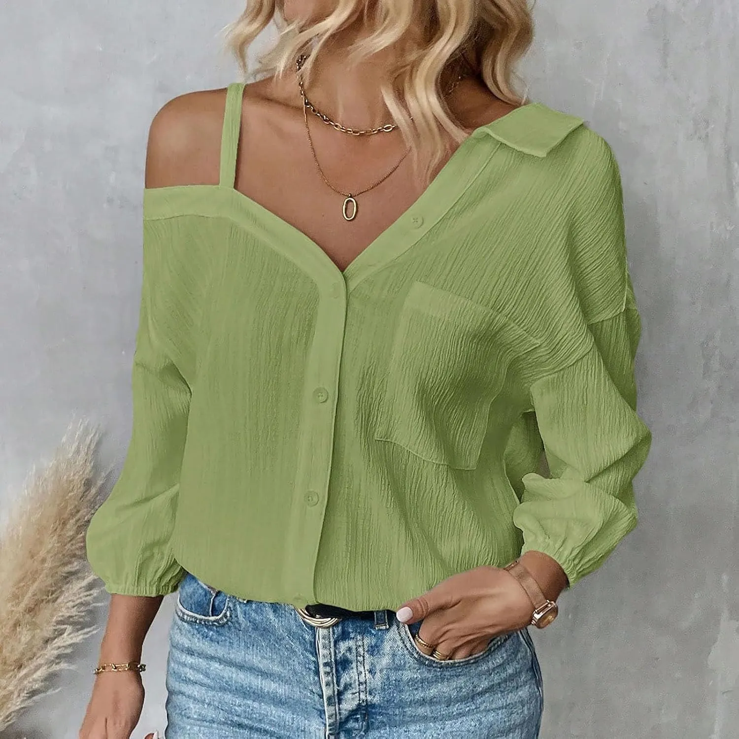 Women's Button Down Shirts One Shoulder Short Sleeve Casual Oversized Shirt Loose Fit Collared Y2K Going Out Blouse