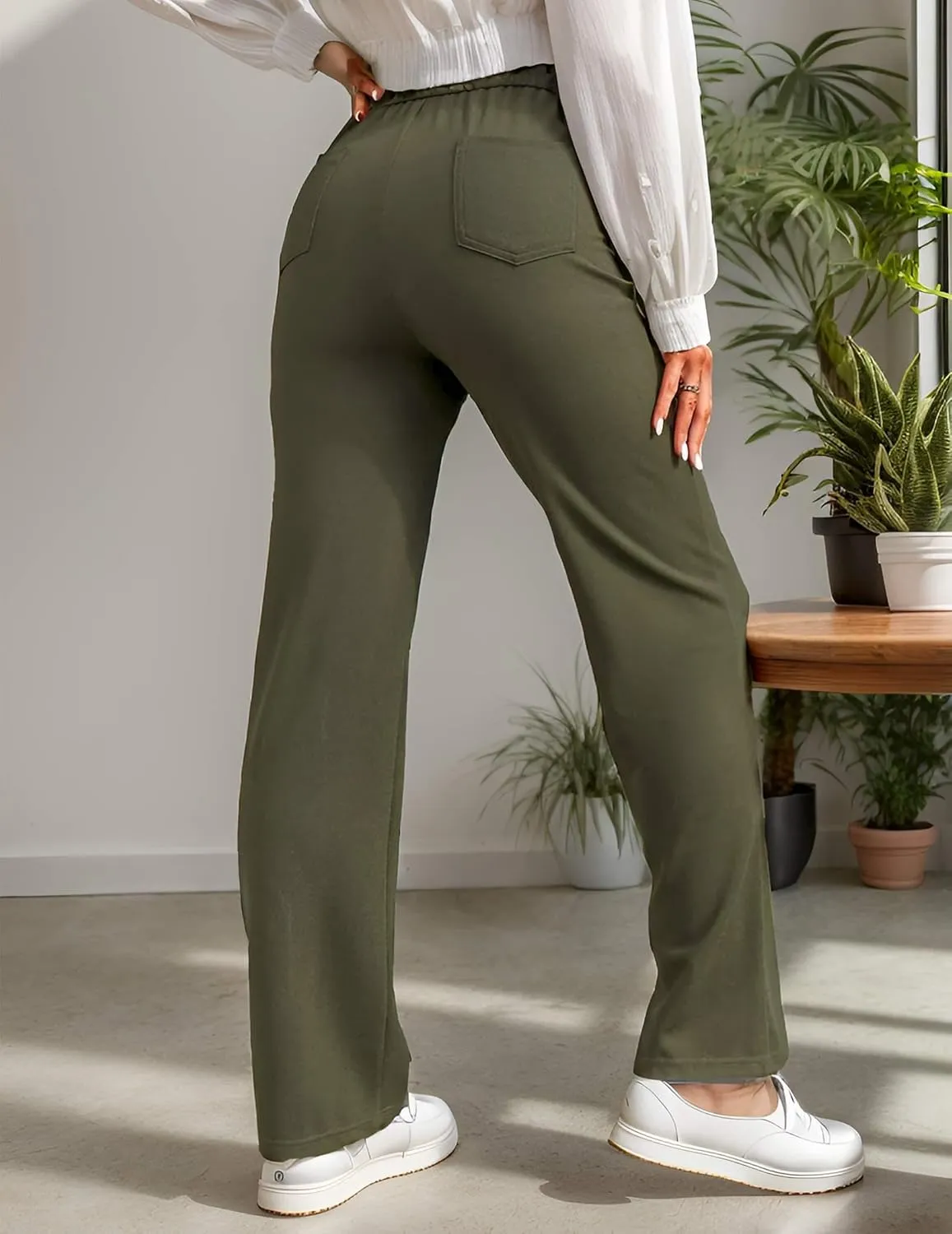 Women's Casual High Waisted Straight Leg Pants Button Down Stretchy Business Work Trousers with Multiple Pockets