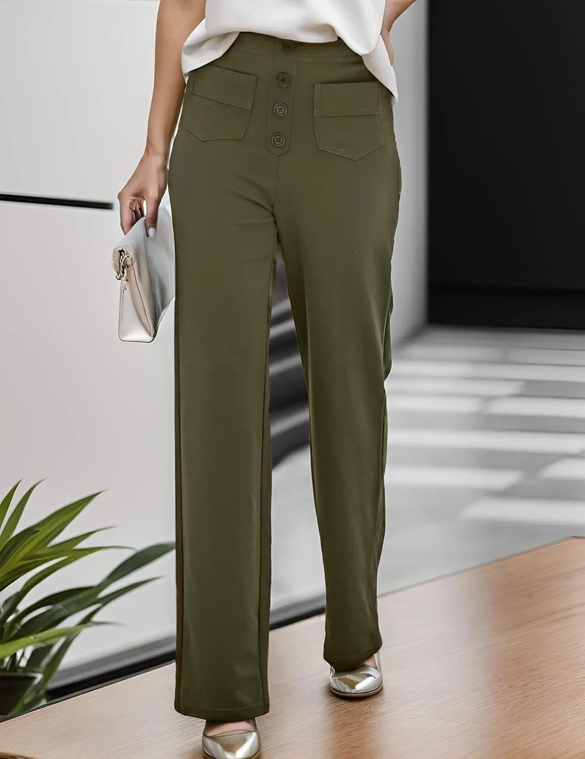 Women's Casual High Waisted Straight Leg Pants Button Down Stretchy Business Work Trousers with Multiple Pockets