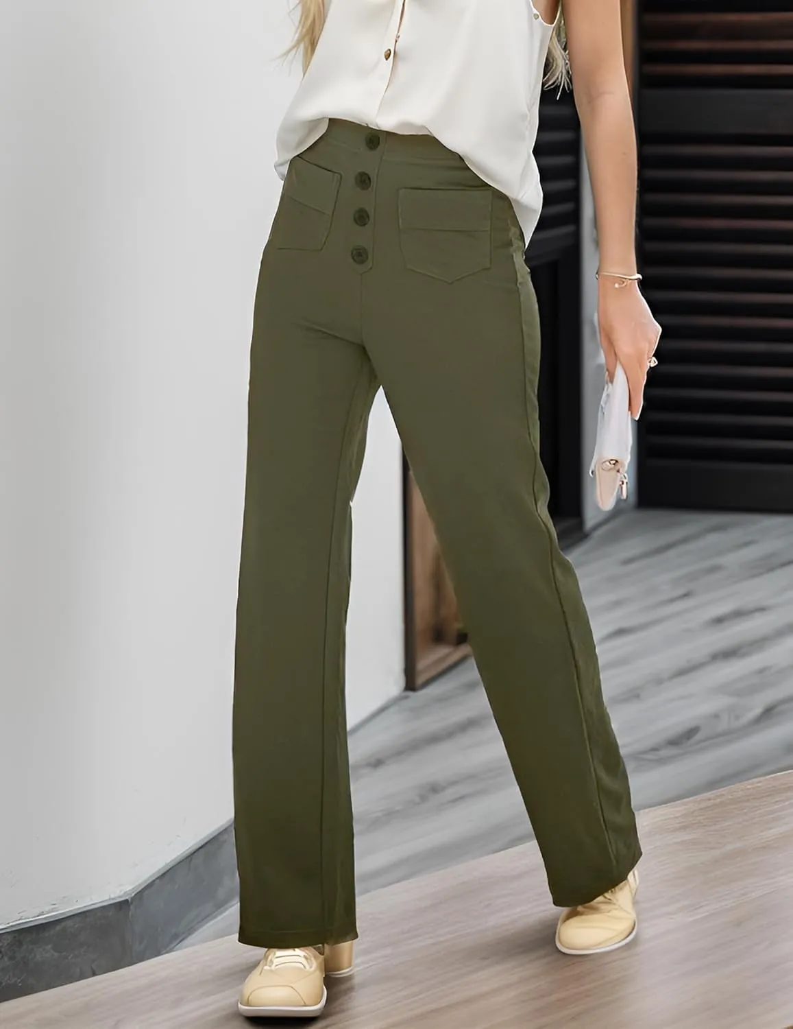 Women's Casual High Waisted Straight Leg Pants Button Down Stretchy Business Work Trousers with Multiple Pockets