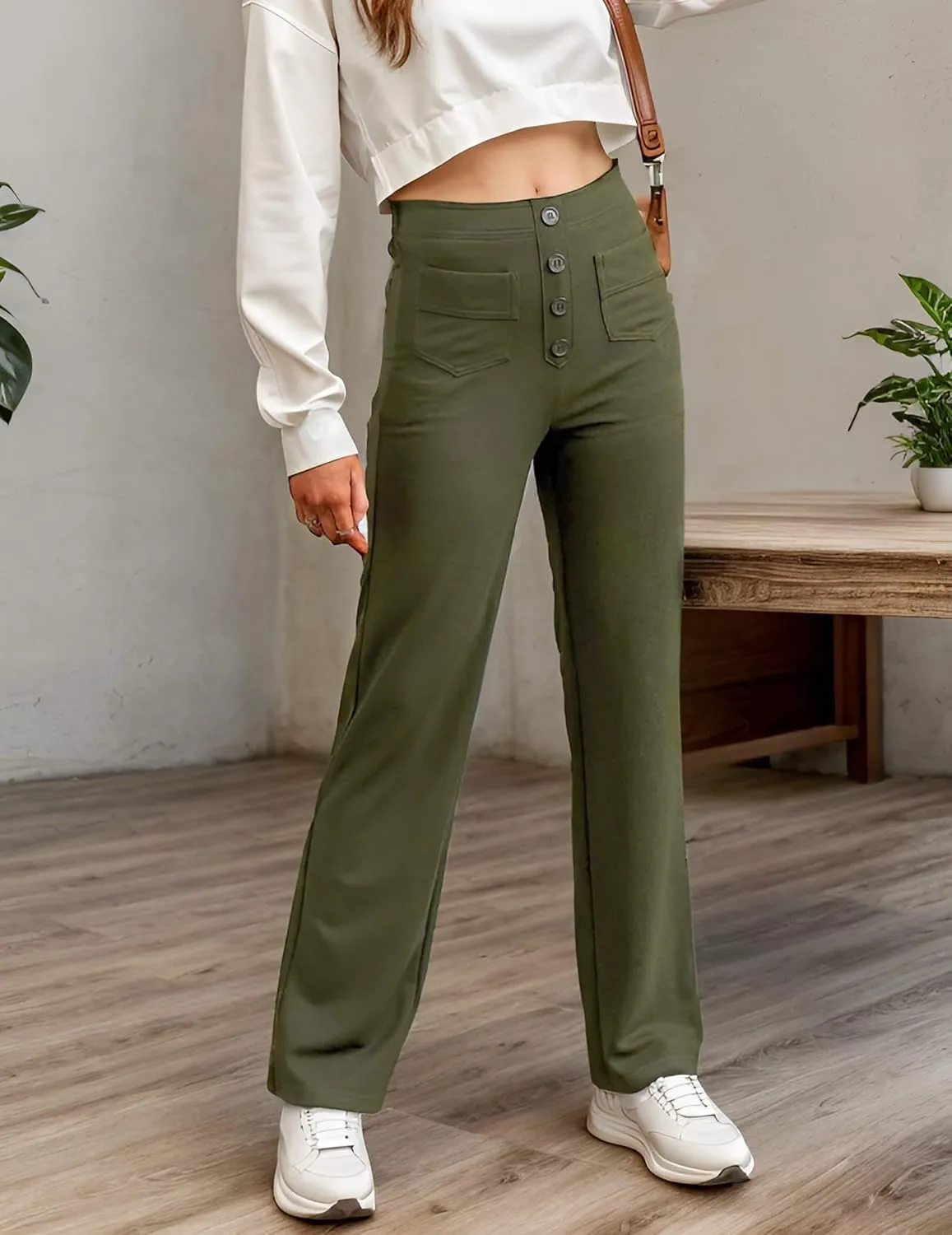 Women's Casual High Waisted Straight Leg Pants Button Down Stretchy Business Work Trousers with Multiple Pockets