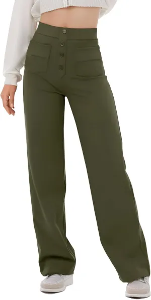Women's Casual High Waisted Straight Leg Pants Button Down Stretchy Business Work Trousers with Multiple Pockets