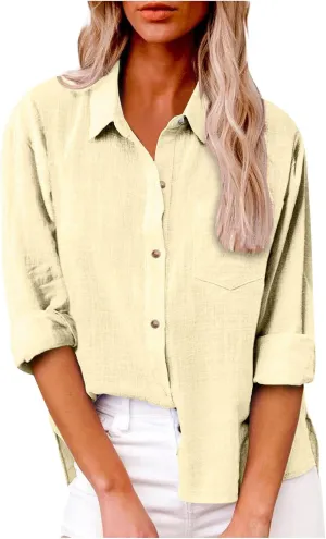 Womens Long Sleeve Shirt Casual Work Office Blouse Top Cotton Linen Button Up Shirts Spring Summer Blouses
