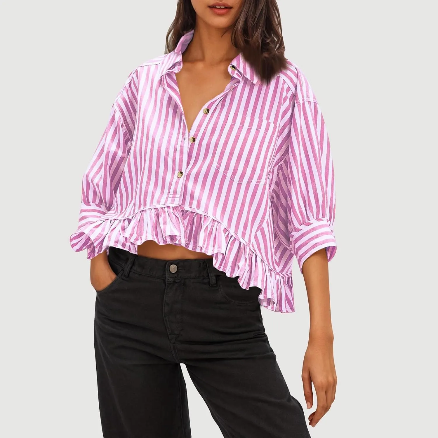 Womens Oversized Button Down 3/4 Sleeve Striped Crop Tops Summer Y2K Peplum Tops Shirts Dressy Blouse Tees