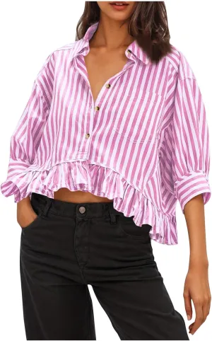 Womens Oversized Button Down 3/4 Sleeve Striped Crop Tops Summer Y2K Peplum Tops Shirts Dressy Blouse Tees