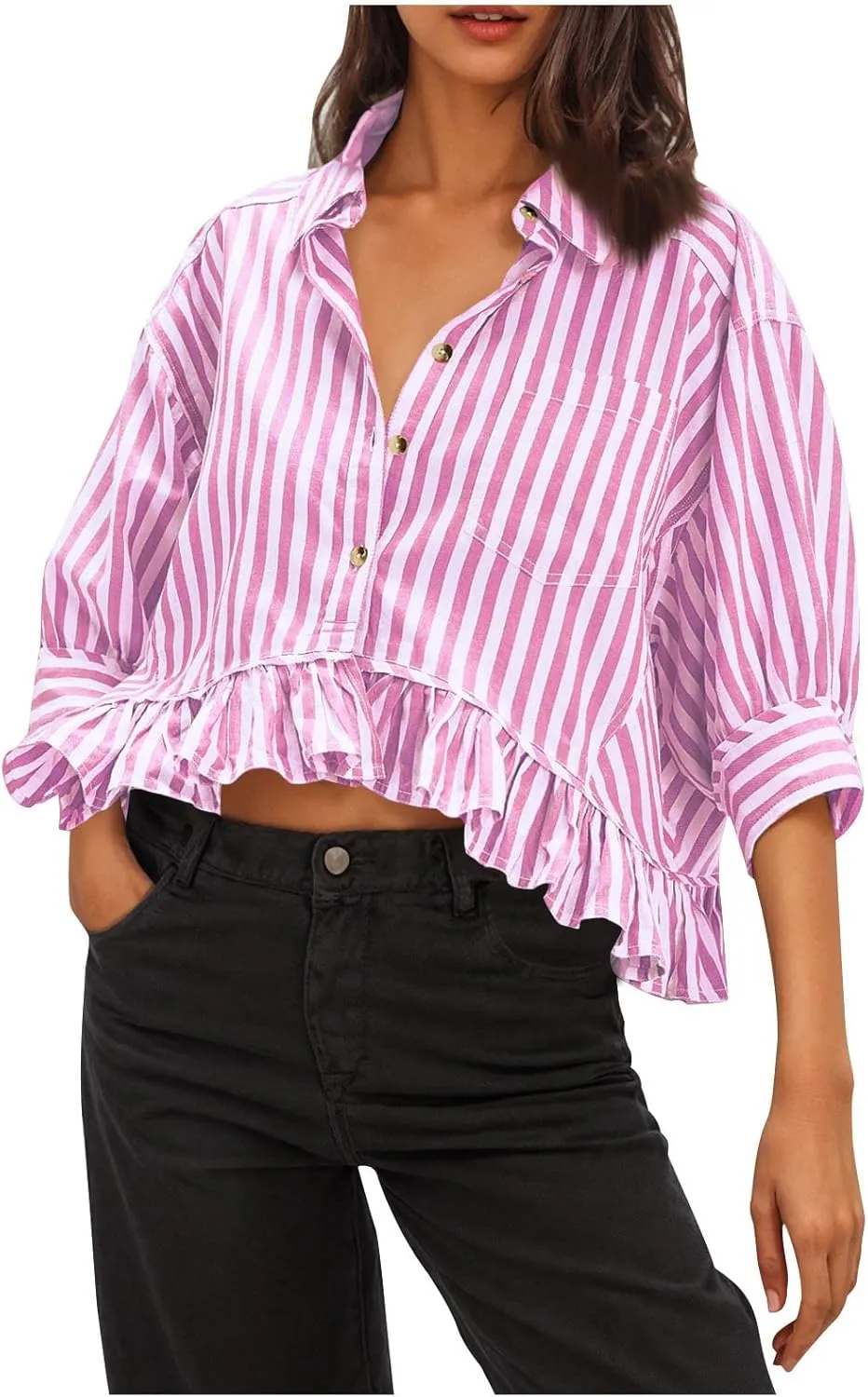 Womens Oversized Button Down 3/4 Sleeve Striped Crop Tops Summer Y2K Peplum Tops Shirts Dressy Blouse Tees