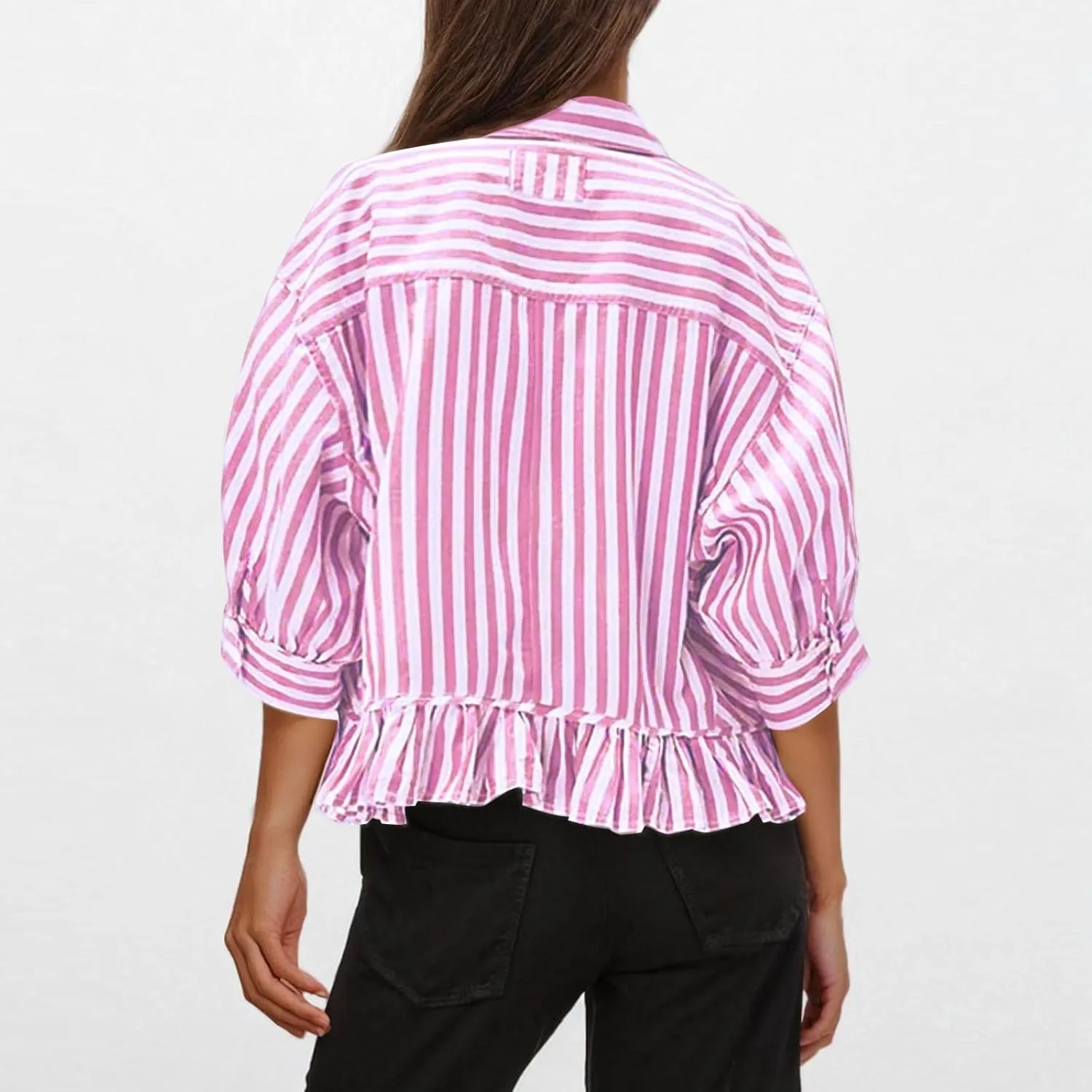 Womens Oversized Button Down 3/4 Sleeve Striped Crop Tops Summer Y2K Peplum Tops Shirts Dressy Blouse Tees